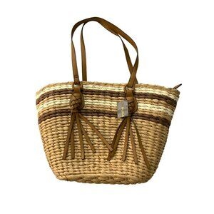Style & Co Brown $99 Large Straw Tote  Faux Leather Handles